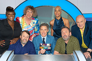 Would I Lie To You?. Image shows left to right: Judi Love, David Mitchell, Grayson Perry, Rob Brydon, Cush Jumbo, Lee Mack, Tim Vine