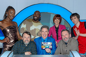 Would I Lie To You?. Image shows left to right: AJ Odudu, David Mitchell, Darren Harriott, Rob Brydon, Diane Carson, Lee Mack, Sam Campbell