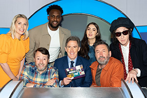 Would I Lie To You?. Image shows left to right: Sara Pascoe, David Mitchell, Kadiff Kirwan, Rob Brydon, Lucia Keskin, Lee Mack, John Cooper Clarke