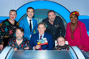 Would I Lie To You?. Image shows left to right: Laura Smyth, David Mitchell, Jimmy Carr, Rob Brydon, Lee Mack, Lenny Rush, Rustie Lee