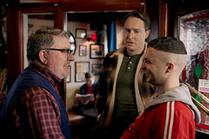 The Young Offenders. Image shows left to right: Tony Senior (Pat Shortt), Sergeant Tony Healy (Dominic MacHale), Conor MacSweeney (Alex Murphy)