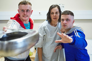 The Young Offenders. Image shows from L to R: Jock O'Keeffe (Chris Walley), Mairead MacSweeney (Hilary Rose), Conor MacSweeney (Alex Murphy)