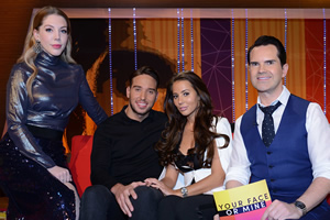 Your Face Or Mine. Image shows from L to R: Katherine Ryan, James Lock, Yazmin Oukhellou, Jimmy Carr. Copyright: Talkback