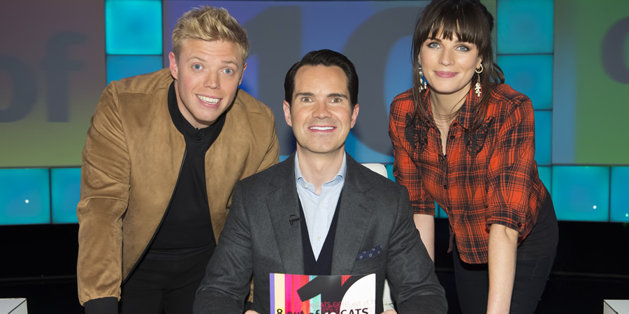 8 Out Of 10 Cats. Image shows from L to R: Rob Beckett, Jimmy Carr, Aisling Bea. Copyright: Zeppotron