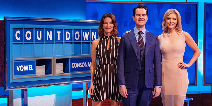 8 Out Of 10 Cats Does Countdown. Image shows from L to R: Susie Dent, Jimmy Carr, Rachel Riley