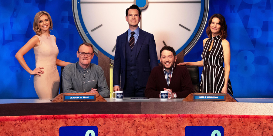 8 Out Of 10 Cats Does Countdown. Image shows from L to R: Rachel Riley, Sean Lock, Jimmy Carr, Jon Richardson, Susie Dent. Copyright: Zeppotron