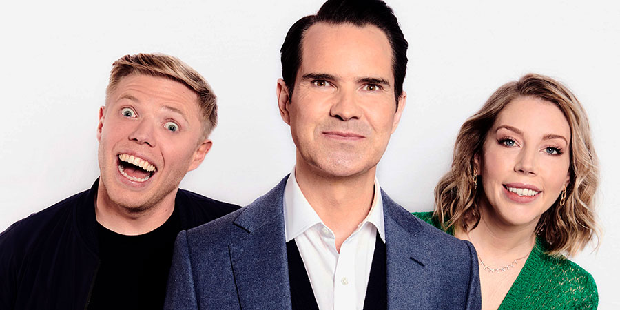 8 Out Of 10 Cats. Image shows from L to R: Rob Beckett, Jimmy Carr, Katherine Ryan. Copyright: Zeppotron