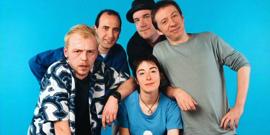 The 99p Challenge. Image shows from L to R: Simon Pegg, Armando Iannucci, Sue Perkins, Jack Docherty, Peter Baynham. Copyright: Pozzitive Productions