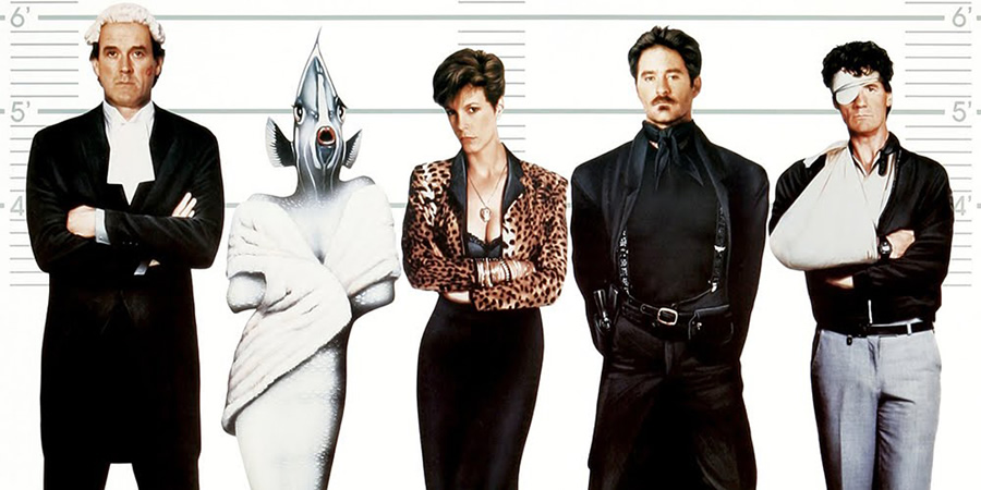 A Fish Called Wanda. Image shows from L to R: Archie Leach (John Cleese), Wanda Gershwitz (Jamie Lee Curtis), Otto West (Kevin Kline), Ken Pile (Michael Palin)