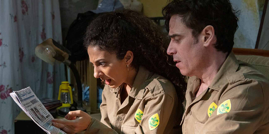 A Gaza Weekend. Image shows left to right: Mouna Hawa, Michael (Stephen Mangan)