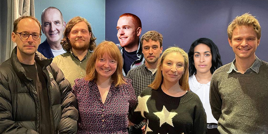 A House In History. Image shows from L to R: Phil Colchester (Alistair Green), Kevin McCloud, Carol Colchester (Kath Hughes), Reality Contestant (Adam Drake), Clementine Colchester (Jess Robinson), Kelly (Emily Lloyd Saini), Alex (Alexander Owen)