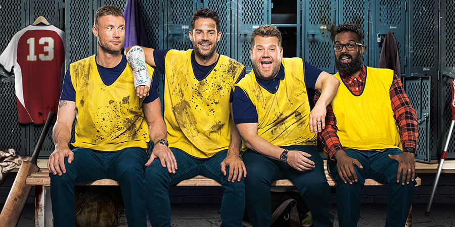 A League Of Their Own. Image shows from L to R: Andrew Flintoff, Jamie Redknapp, James Corden, Romesh Ranganathan. Copyright: CPL Productions