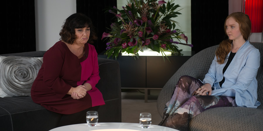 Absolutely Fabulous: The Movie. Image shows from L to R: Interviewer (Dawn French), Lily Cole. Copyright: BBC Films / 20th Century Fox