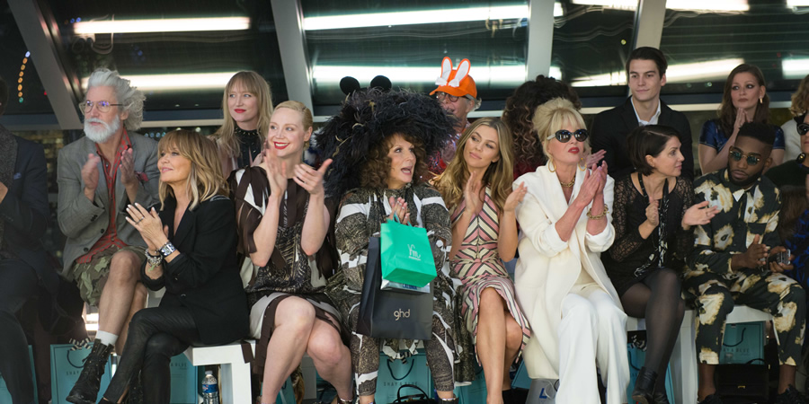 Absolutely Fabulous: The Movie. Image shows from L to R: Lulu, Gwendoline Christie, Edina (Jennifer Saunders), Abbey Clancy, Patsy (Joanna Lumley), Tinie. Copyright: BBC Films / 20th Century Fox