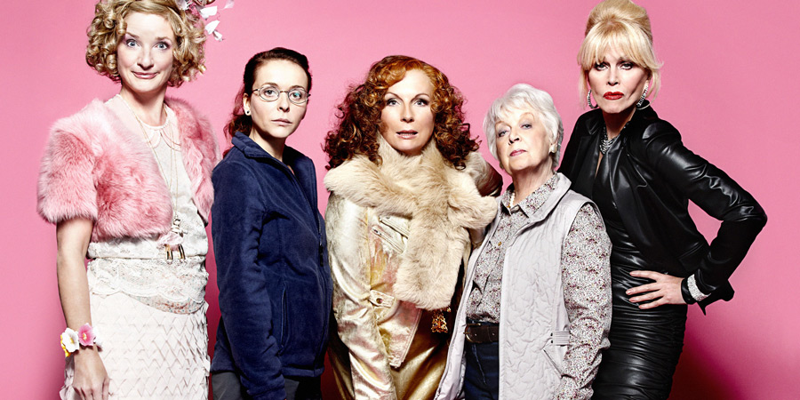 Absolutely Fabulous. Image shows from L to R: Bubble (Jane Horrocks), Saffron (Julia Sawalha), Edina (Jennifer Saunders), Mother (June Whitfield), Patsy (Joanna Lumley). Copyright: BBC