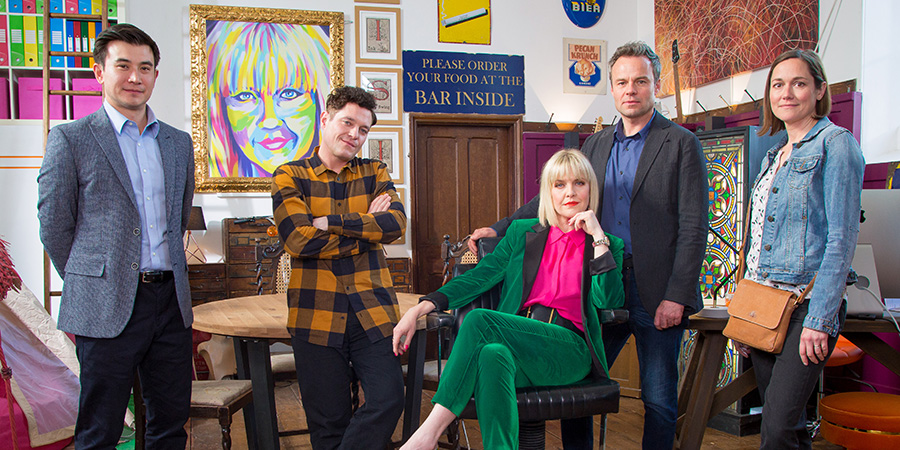 Agatha Raisin. Image shows from L to R: DC Bill Wong (Matt McCooey), Roy Silver (Mathew Horne), Agatha Raisin (Ashley Jensen), James Lacey (Jamie Glover), Sarah Bloxby (Lucy Liemann)