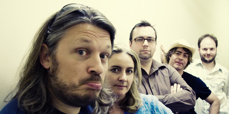 AIOTM. Image shows from L to R: Richard Herring, Emma Kennedy, Dan Tetsell, Christian Reilly, Ben Walker