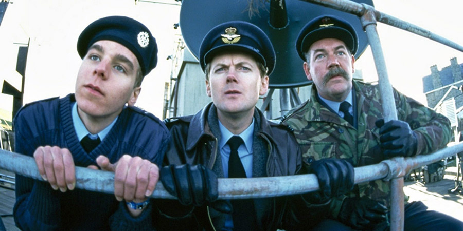 All Along The Watchtower. Image shows from L to R: Airman Tench (Felix Bell), Flight Lieutenant Simon Harrison (Chris Lang), Wing-Commander Hilary Campbell-Stokes (Roger Blake). Copyright: BBC