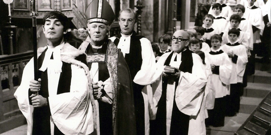 All Gas And Gaiters. Image shows left to right: The Rev. Mervyn Noote - The Chaplain (Derek Nimmo), The Rt. Rev. Dr. Cuthbert Hever - The Bishop (William Mervyn), Lionel Pugh Critchley - The Dean (Ernest Clark), Henry - The Archdeacon (Robertson Hare)