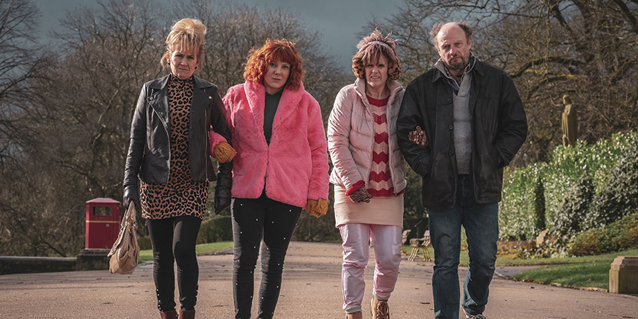 Alma's Not Normal. Image shows from L to R: Joan (Lorraine Ashbourne), Alma Nuthall (Sophie Willan), Lin (Siobhan Finneran), Jim (Nicholas Asbury)