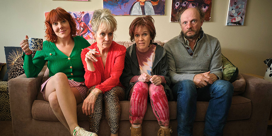 Alma's Not Normal. Image shows from L to R: Alma Nuthall (Sophie Willan), Joan (Lorraine Ashbourne), Lin (Siobhan Finneran), Jim (Nicholas Asbury). Copyright: Expectation Entertainment
