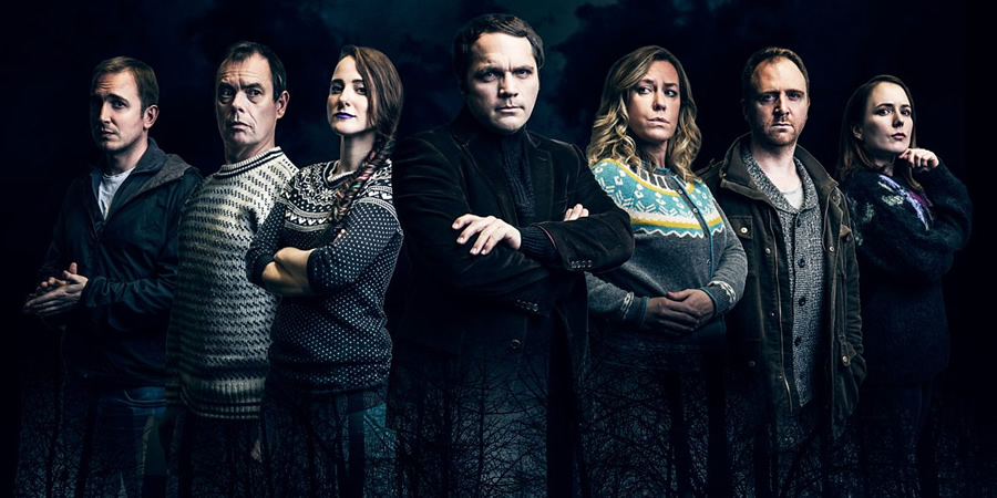 Angstrom. Image shows from L to R: David Reed, Kevin Eldon, Nina Oblong (Nadia Kamil), Knut Ångström (Matthew Holness), Anna Crilly, Simon Kane, Freya Parker. Copyright: BBC