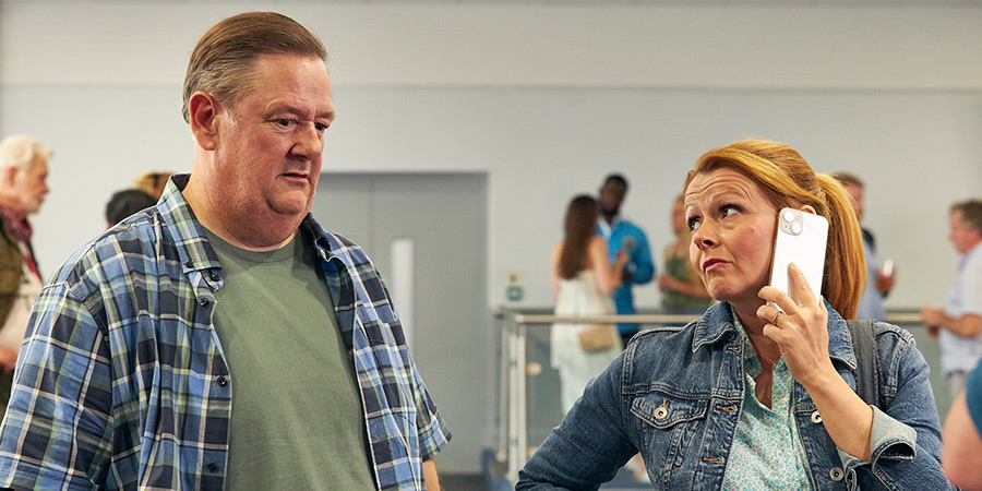 Murder, They Hope. Image shows left to right: Terry (Johnny Vegas), Gemma (Sian Gibson)