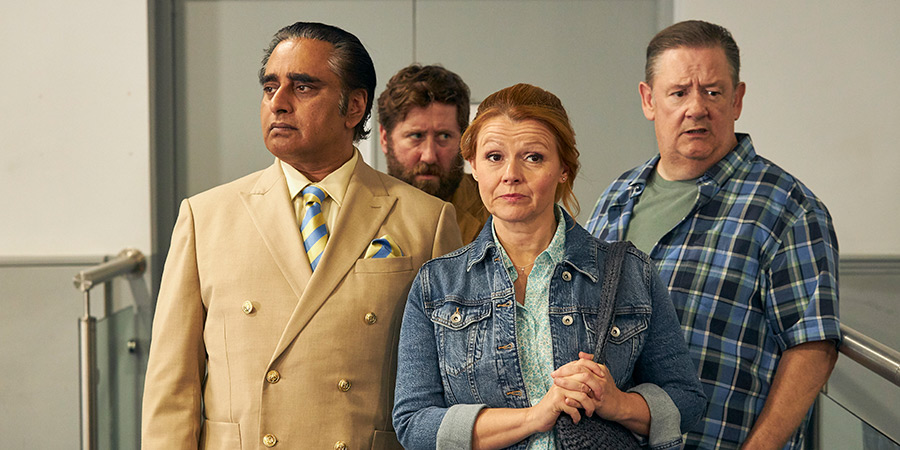 Murder, They Hope. Image shows left to right: Gwyn (Sanjeev Bhaskar), Bernard (Jim Howick), Gemma (Sian Gibson), Terry (Johnny Vegas)