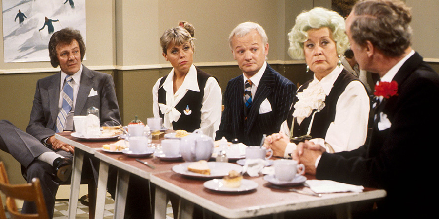 Are You Being Served?. Image shows left to right: Mr. Dick Lucas (Trevor Bannister), Miss Shirley Brahms (Wendy Richard), Mr. Wilberforce Humphries (John Inman), Mrs. Betty Slocombe (Mollie Sugden), Captain Stephen Peacock (Frank Thornton)