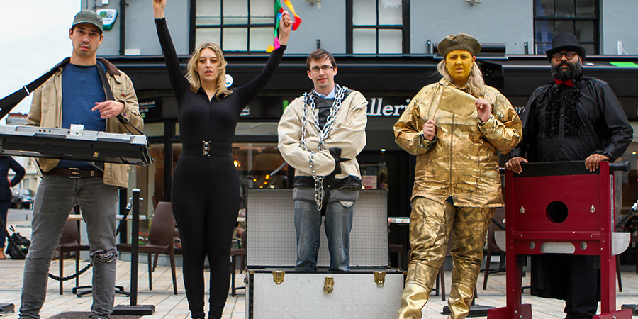 The Artists. Image shows from L to R: Huge (Huge Davies), One Woman Show (Sinead Parker), Man in Box (Neil O'Rourke), Human Statue (Helen Bauer), Professor Mystico (Sunil Patel)