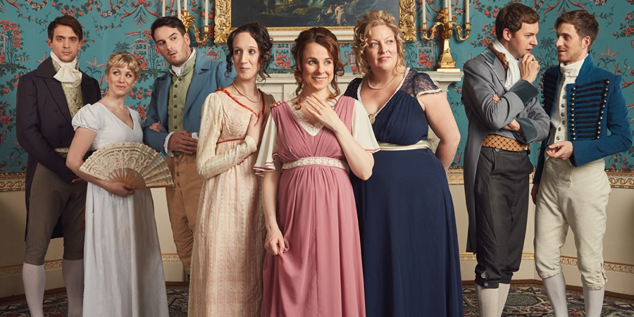 Austentatious. Image shows from L to R: Graham Dickson, Rachel Parris, Daniel Nils Roberts, Charlotte Gittins, Cariad Lloyd, Amy Cooke-Hodgson, Andrew Hunter Murray, Joseph Morpurgo, Austentatious