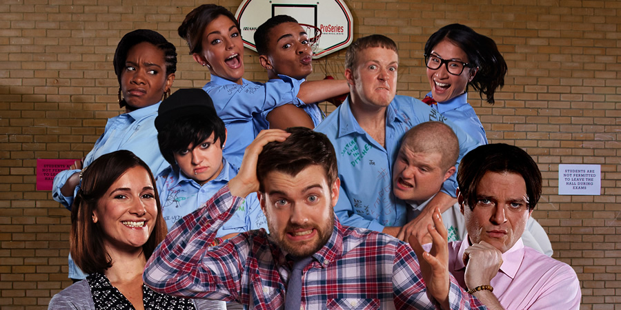 Bad Education. Image shows from L to R: Miss Gulliver (Sarah Solemani), Cleopatra (Weruche Opia), Rem Dogg (Jack Binstead), Chantelle (Nikki Runeckles), Stephen (Layton Williams), Alfie (Jack Whitehall), Grayson (Jack Bence), Joe (Ethan Lawrence), Jing (Kae Alexander), Fraser (Mathew Horne). Copyright: Tiger Aspect Productions