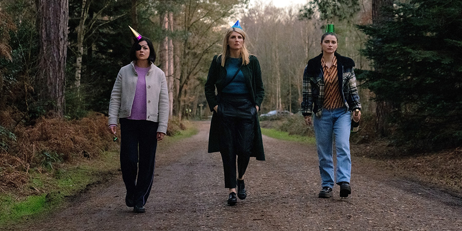 Bad Sisters. Image shows from L to R: Bibi (Sarah Greene), Eva (Sharon Horgan), Becka (Eve Hewson)