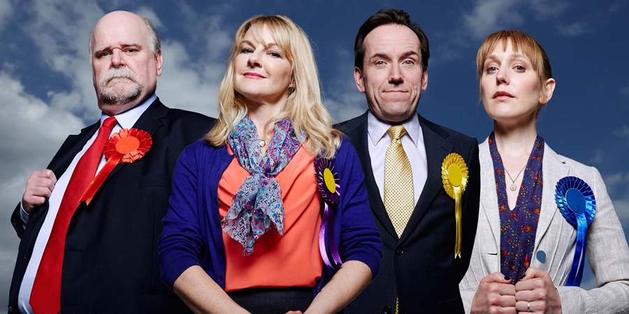 Ballot Monkeys. Image shows from L to R: Jack Pardew (Trevor Cooper), Kate Standen (Sarah Hadland), Kevin Sturridge (Ben Miller), Siobhan Hope (Hattie Morahan)