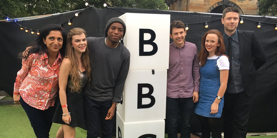 BBC New Comedy Award. Image shows from L to R: Sindhu Vee, Lauren Pattison, Michael Odewale, George Lewis, Catherine Bohart, Jethro Bradley. Copyright: BBC