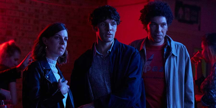 Benjamin. Image shows left to right: Billy (Jessica Raine), Benjamin (Colin Morgan), Stephen (Joel Fry)