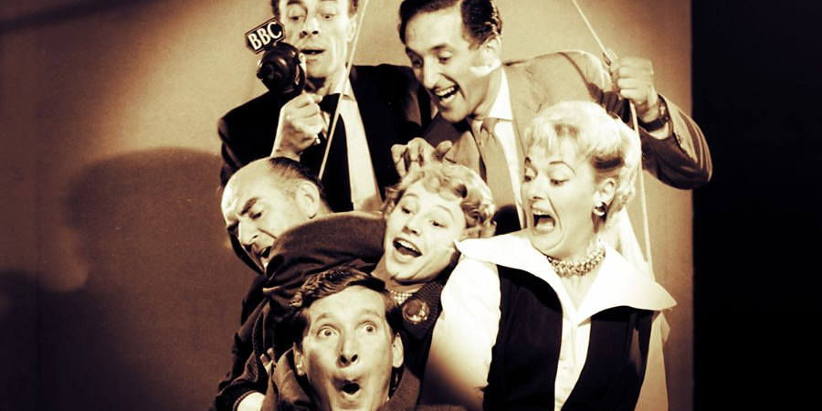 Beyond Our Ken. Image shows left to right: Kenneth Horne, Hugh Paddick, Kenneth Williams, Patricia Lancaster, Ron Moody, Betty Marsden. Credit: BBC