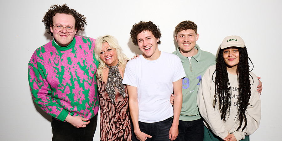 Big Boys. Image shows left to right: Jack Rooke, Peggy (Camille Coduri), Jack (Dylan Llewellyn), Danny (Jon Pointing), Corinne (Izuka Hoyle)