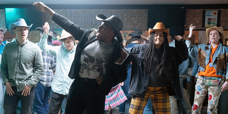 Big Boys. Image shows left to right: Danny (Jon Pointing), Jack (Dylan Llewellyn), Yemi (Olisa Odele), Corinne (Izuka Hoyle), Jules (Katy Wix)