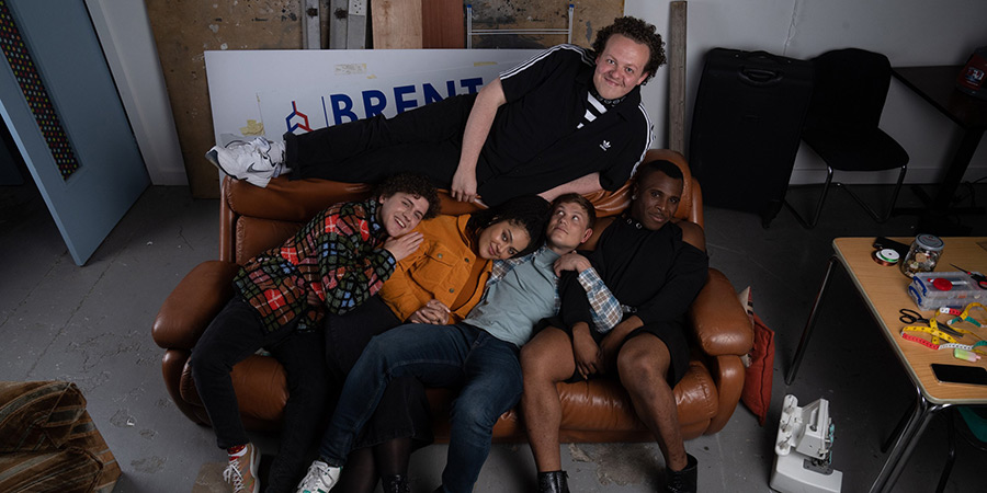 Big Boys. Image shows left to right: Jack (Dylan Llewellyn), Corinne (Izuka Hoyle), Jack Rooke, Danny (Jon Pointing), Yemi (Olisa Odele)