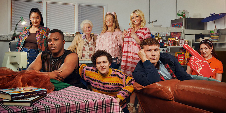 Big Boys. Image shows left to right: Corinne (Izuka Hoyle), Yemi (Olisa Odele), Nanny Bingo (Annette Badland), Jack (Dylan Llewellyn), Cousin Shannon (Harriet Webb), Peggy (Camille Coduri), Danny (Jon Pointing), Jules (Katy Wix)