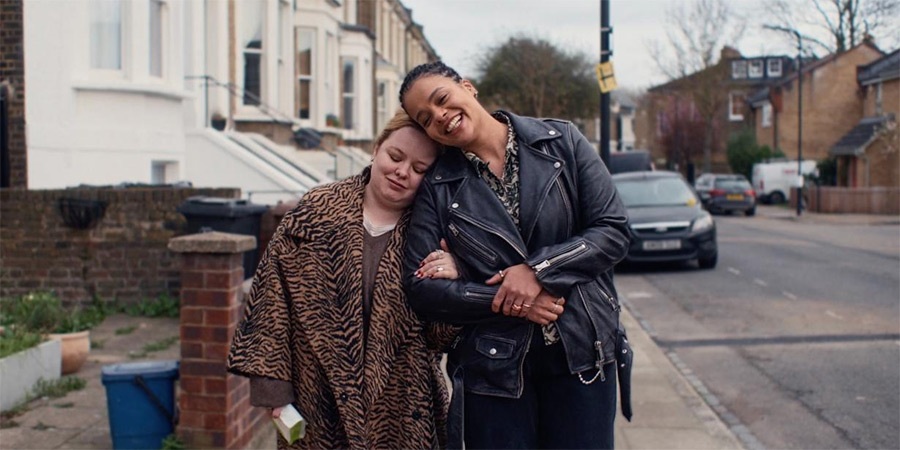 Big Mood. Image shows left to right: Maggie (Nicola Coughlan), Eddie (Lydia West)