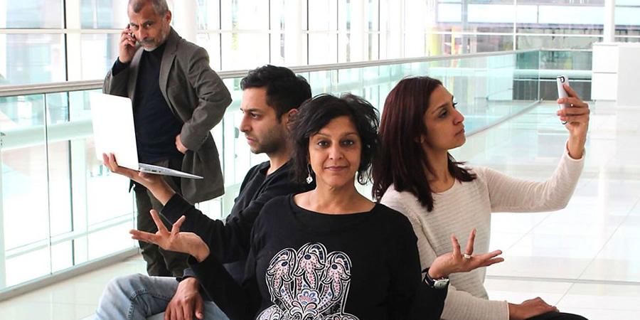 Bindi Business. Image shows from L to R: Uncle Bash (Vincent Ebrahim), Raj (Chris Nayak), Bindi (Meera Syal), Anu (Krupa Pattani). Copyright: BBC