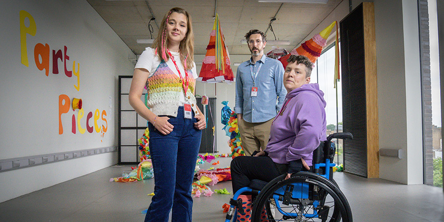 Biscuitland. Image shows left to right: Izzy (Claudia Jessie), Matt (Blake Harrison), Jess (Jess Thom)