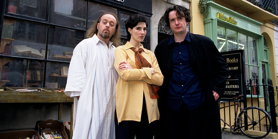 Black Books. Image shows from L to R: Manny Bianco (Bill Bailey), Fran Katzenjammer (Tamsin Greig), Bernard Black (Dylan Moran). Copyright: Assembly Film And Television Black Books. Image shows from L to R: Manny Bianco (Bill Bailey), Fran Katzenjammer (Tamsin Greig), Bernard Black (Dylan Moran). Copyright: Assembly Film And Television