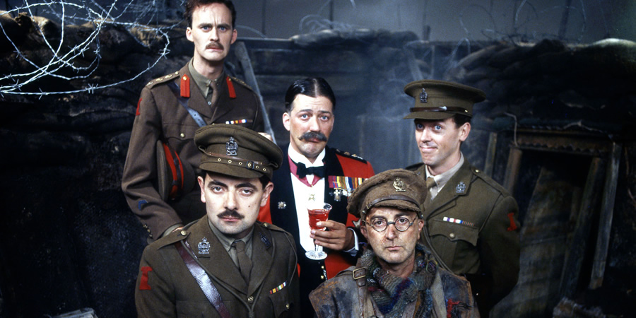 Blackadder. Image shows from L to R: Captain Kevin Darling (Tim McInnerny), Captain Edmund Blackadder (Rowan Atkinson), General Melchett (Stephen Fry), Baldrick (Tony Robinson), Lieutenant George Barleigh (Hugh Laurie)