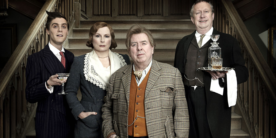 Blandings. Image shows from L to R: Freddie (Jack Farthing), Connie (Jennifer Saunders), Clarence (Timothy Spall), Beach (Mark Williams). Copyright: Mammoth Screen