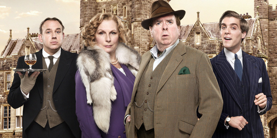Blandings. Image shows from L to R: Beach (Tim Vine), Connie (Jennifer Saunders), Clarence (Timothy Spall), Freddie (Jack Farthing). Copyright: Mammoth Screen
