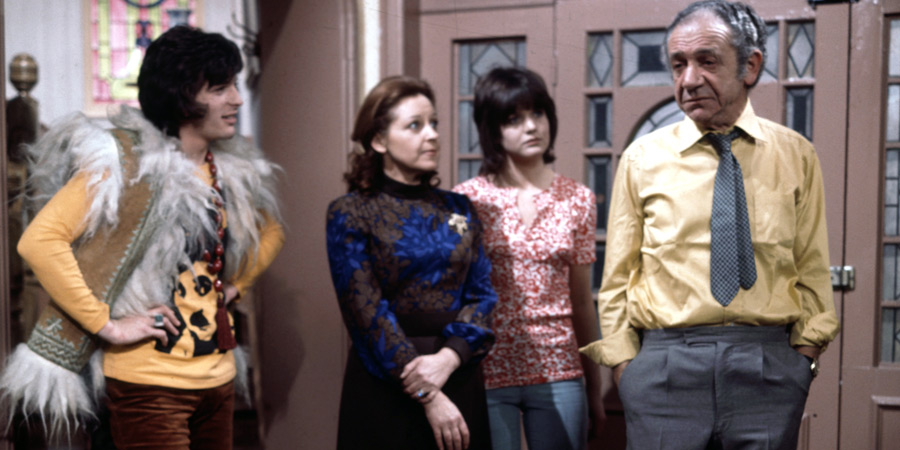 Bless This House. Image shows from L to R: Mike Abbott (Robin Stewart), Jean Abbott (Diana Coupland), Sally Abbott (Sally Geeson), Sid Abbott (Sid James). Copyright: Thames Television