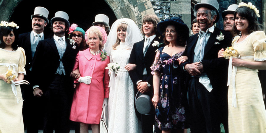 Bless This House. Image shows from L to R: Oldham (Bill Maynard), Ronald Baines (Terry Scott), Vera Baines (June Whitfield), Kate Baines (Carol Hawkins), Mike Abbot (Robin Askwith), Jean Abbot (Diana Coupland), Sid Abbot (Sid James), Trevor Lewis (Peter Butterworth), Sally Abbot (Sally Geeson)